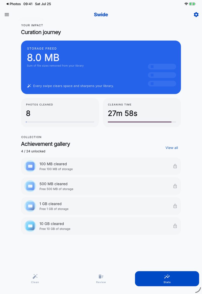 Swide stats screen showing 8.0 MB storage freed, photos cleaned, cleaning time and an achievement gallery