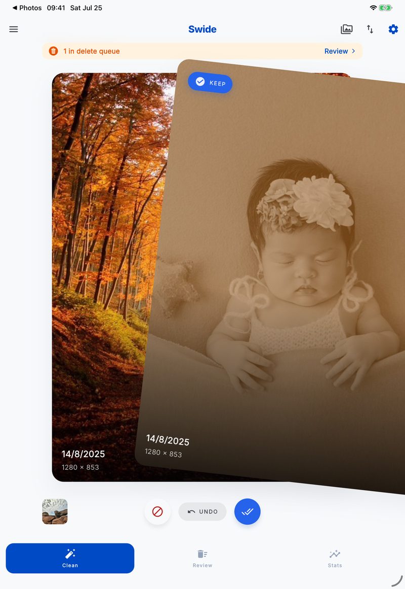 Swiping a baby photo right to keep it in Swide